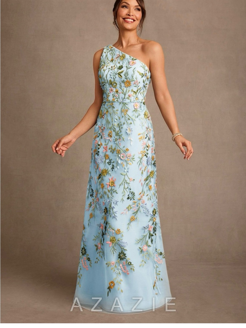 Azazie Bertie One-Shoulder Sky Blue Floral Embroidered Gown 4